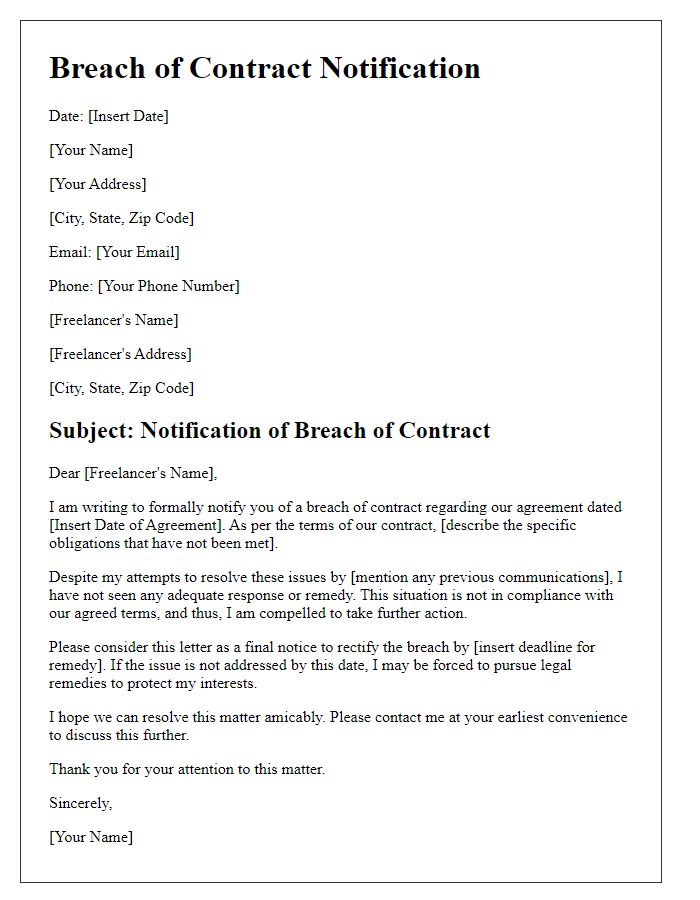 Letter template of breach of contract notification for freelance contracts