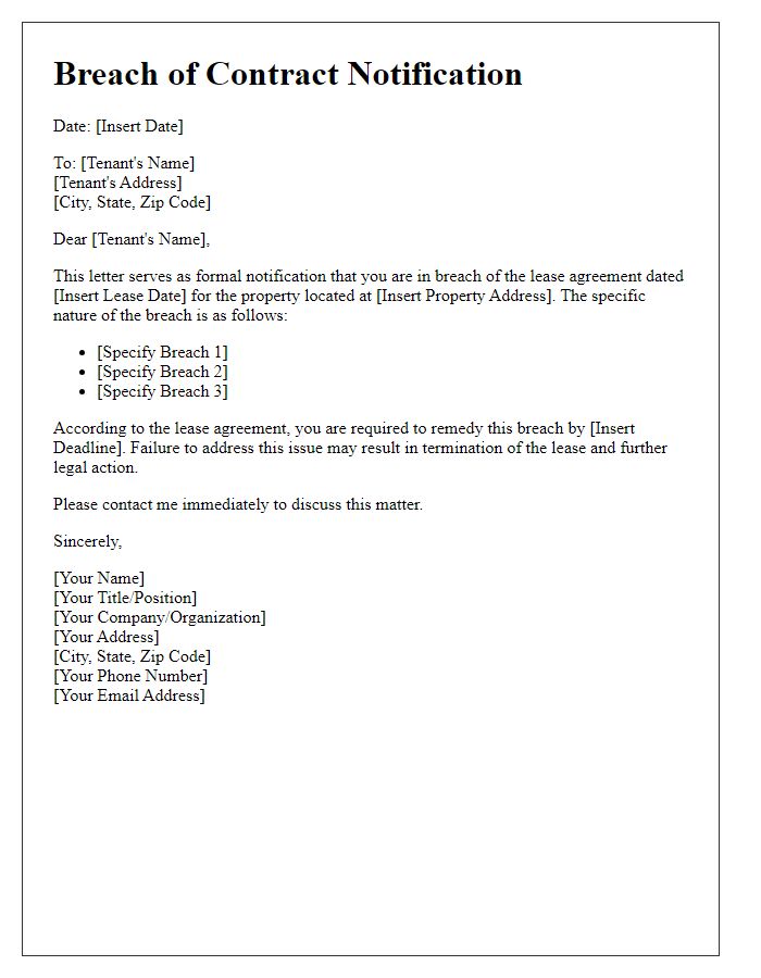 Letter template of breach of contract notification for lease agreements