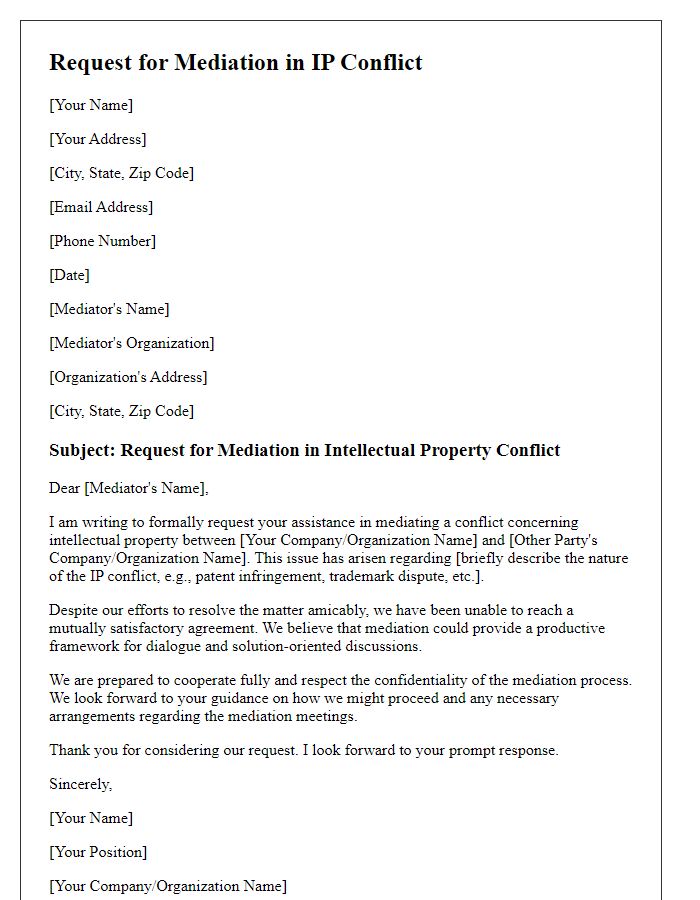 Letter template of Request for Mediation in IP Conflict