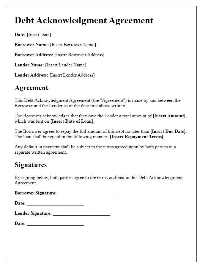 Letter template of debt acknowledgment agreement