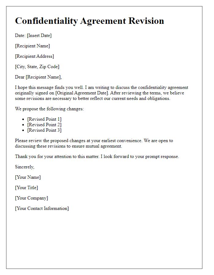 Letter template of confidentiality agreement revision