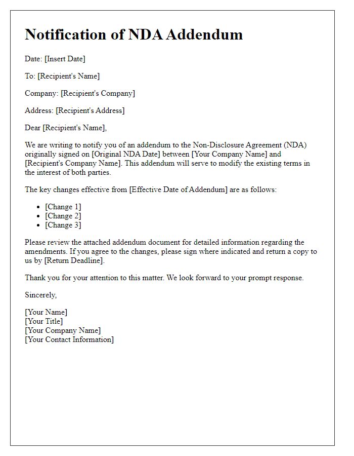 Letter template of NDA addendum notification