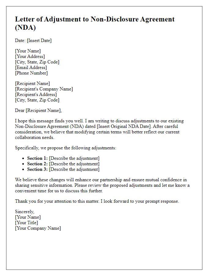 Letter template of NDA terms adjustment