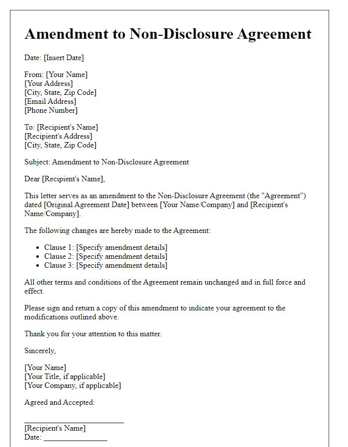 Letter template of non-disclosure agreement amendment