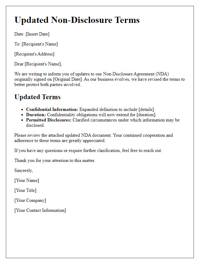 Letter template of updated non-disclosure terms