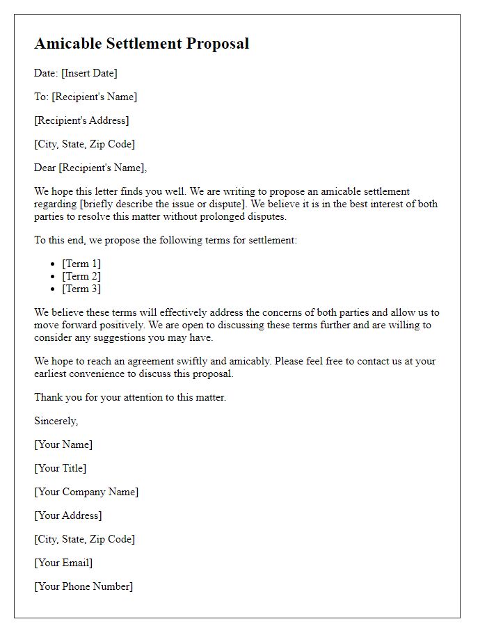 Letter template of amicable settlement proposal