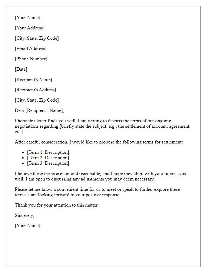 Letter template of negotiation for settlement terms