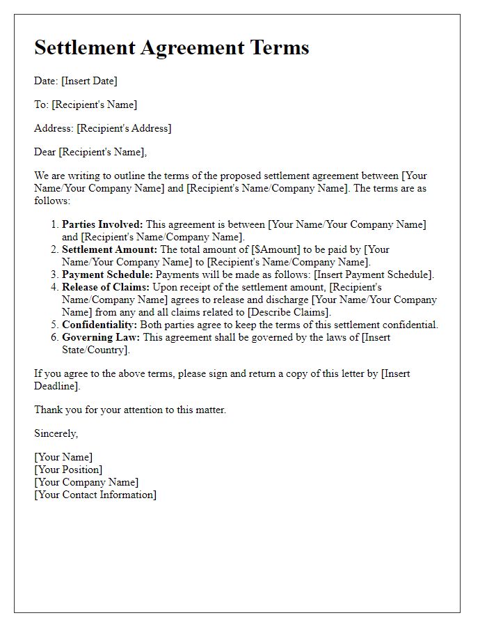 Letter template of terms for settlement agreement