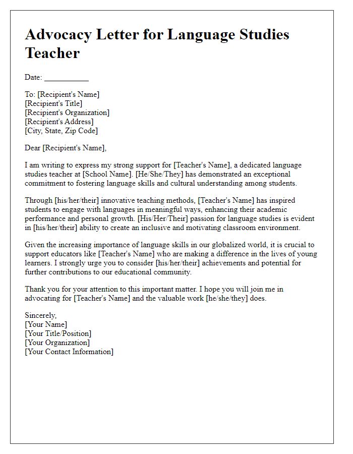 Letter template of advocacy for a language studies teacher