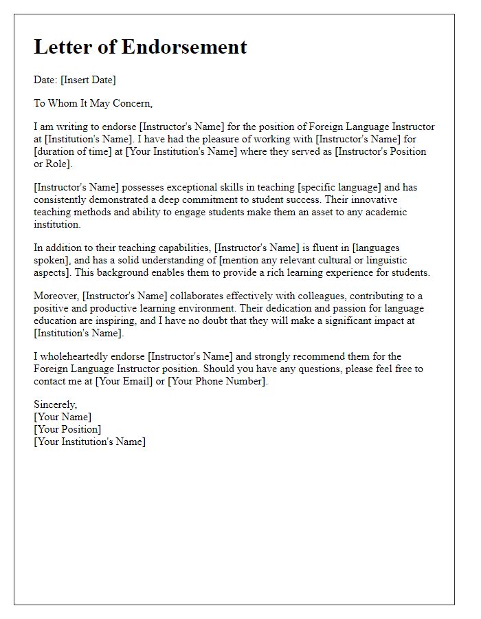 Letter template of endorsement for a foreign language instructor