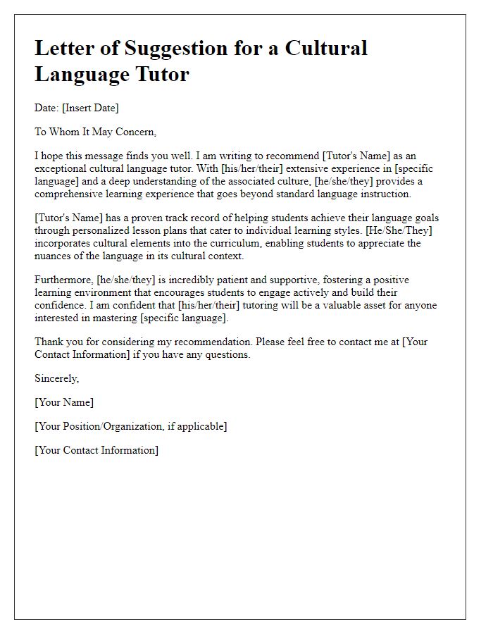 Letter template of suggestion for a cultural language tutor