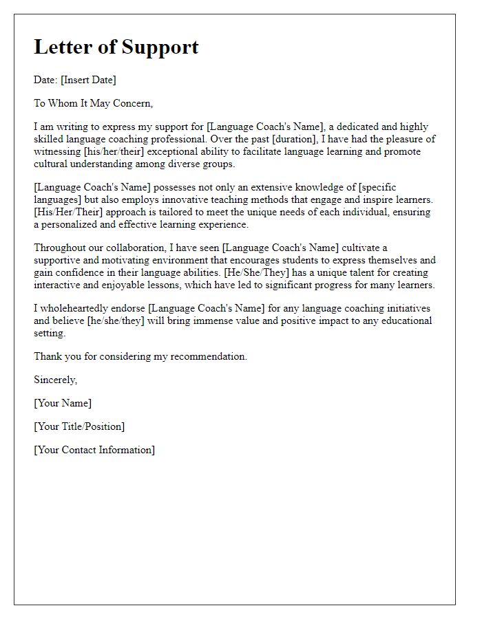 Letter template of support for a language coaching professional