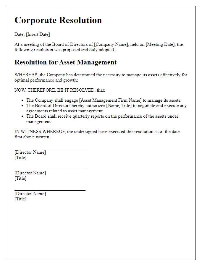 Letter template of corporate resolution for asset management.