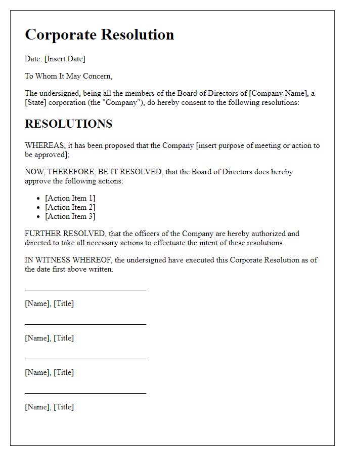 Letter template of corporate resolution for board meeting approval.