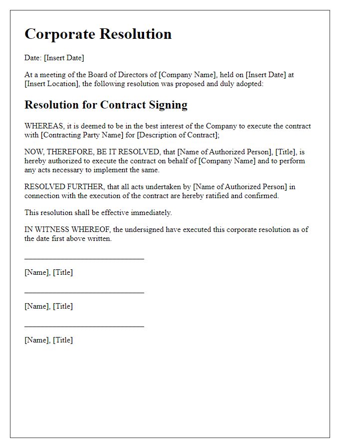 Letter template of corporate resolution for contract signings.