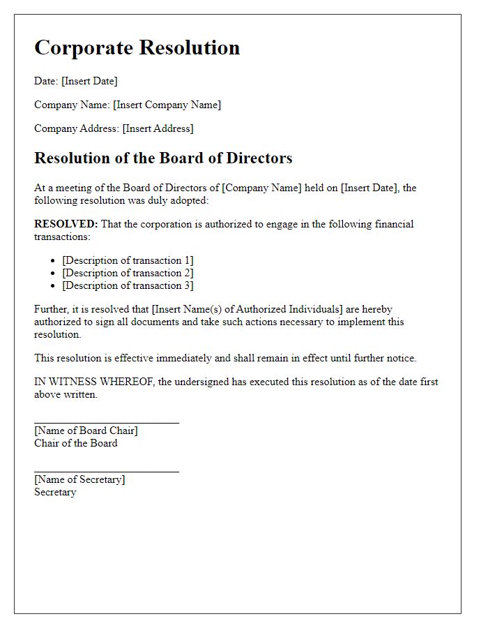 Letter template of corporate resolution for financial transactions.