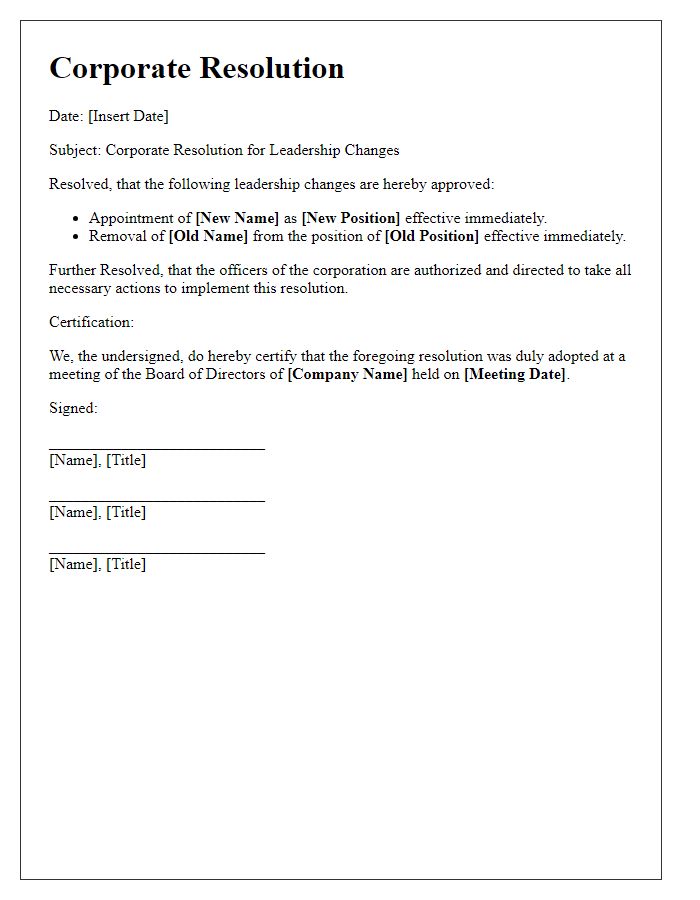 Letter template of corporate resolution for leadership changes.