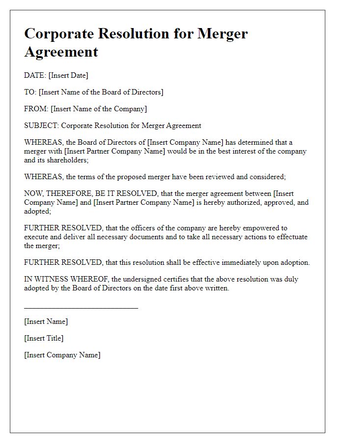 Letter template of corporate resolution for merger agreements.