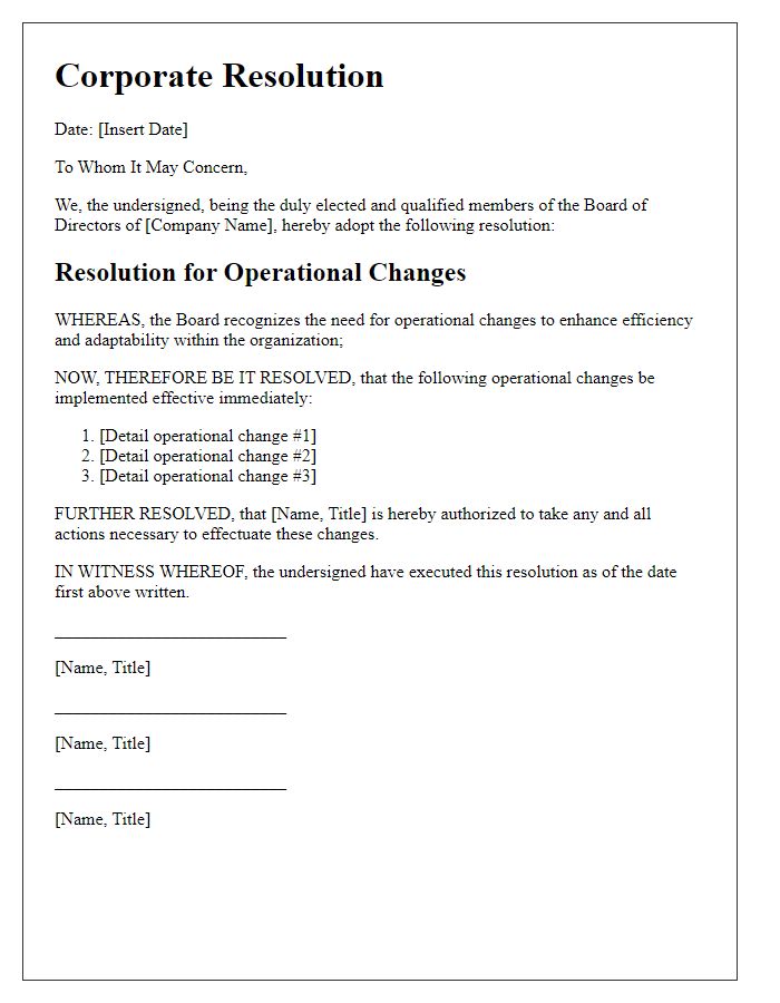 Letter template of corporate resolution for operational changes.