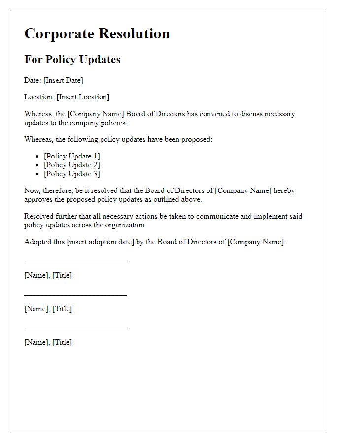 Letter template of corporate resolution for policy updates.