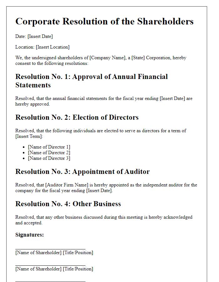 Letter template of corporate resolution for shareholder decisions.