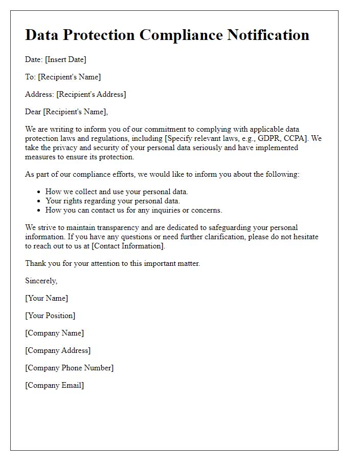 Letter template of Compliance with Data Protection Laws