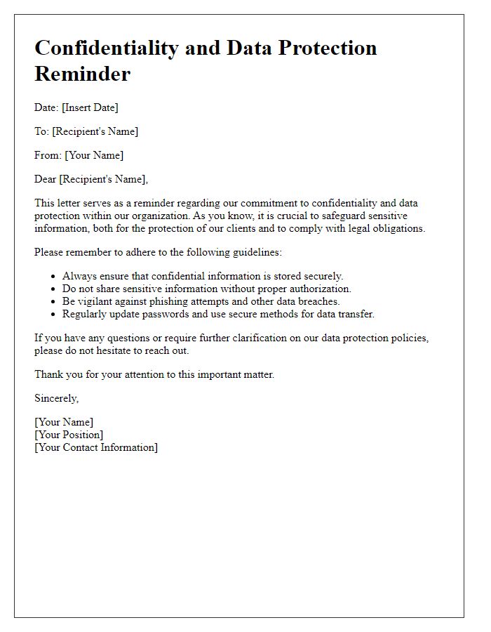 Letter template of Confidentiality and Data Protection Reminder