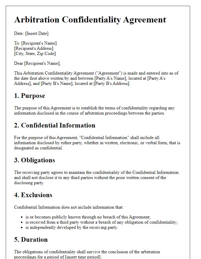 Letter template of arbitration confidentiality agreement.