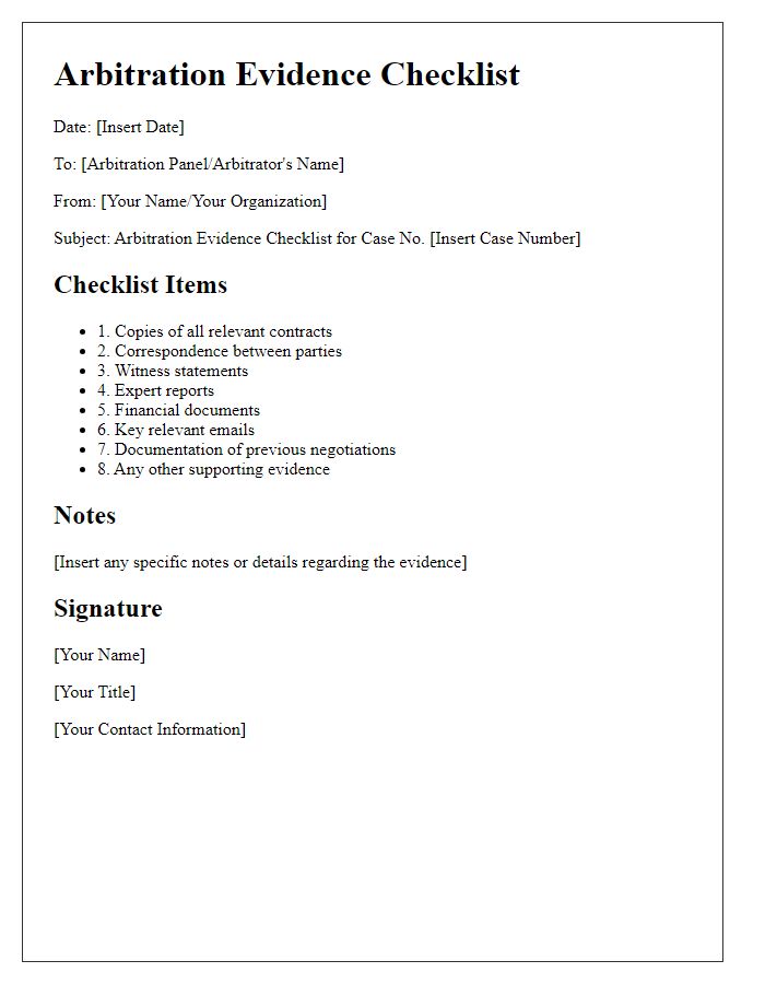 Letter template of arbitration evidence checklist.