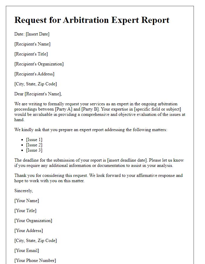 Letter template of arbitration expert report request.