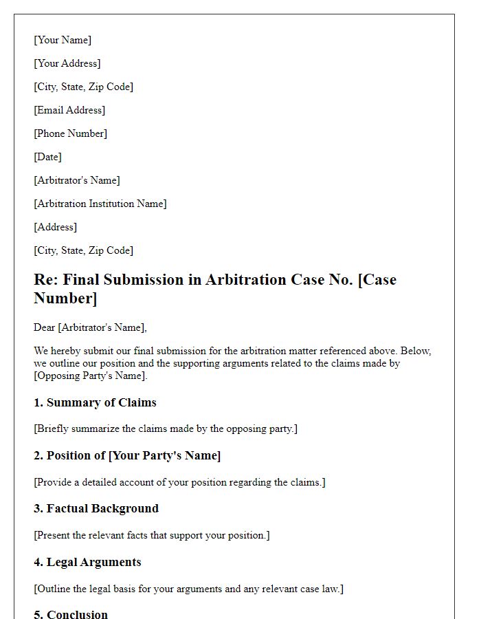 Letter template of arbitration final submission.