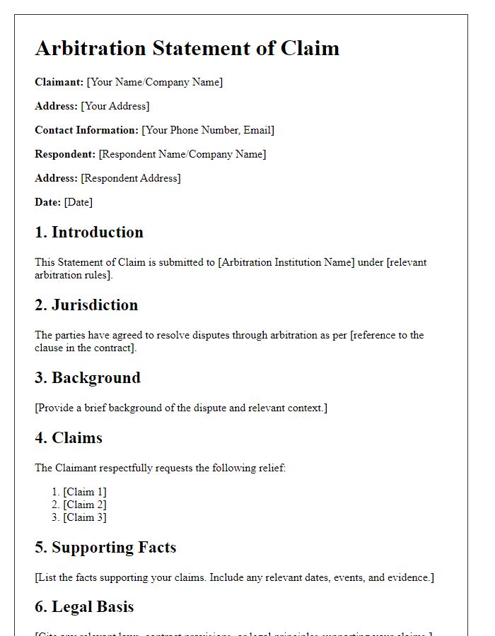 Letter template of arbitration statement of claim.