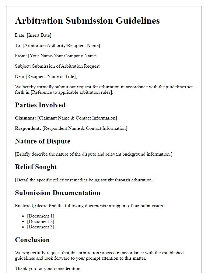 Letter template of arbitration submission guidelines.