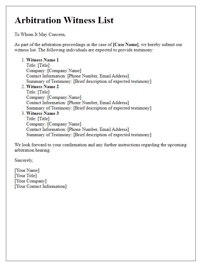 Letter template of arbitration witness list.