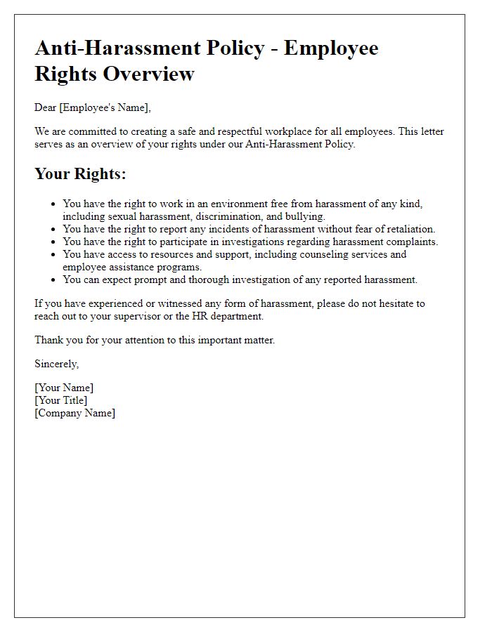 Letter template of anti-harassment policy employee rights overview