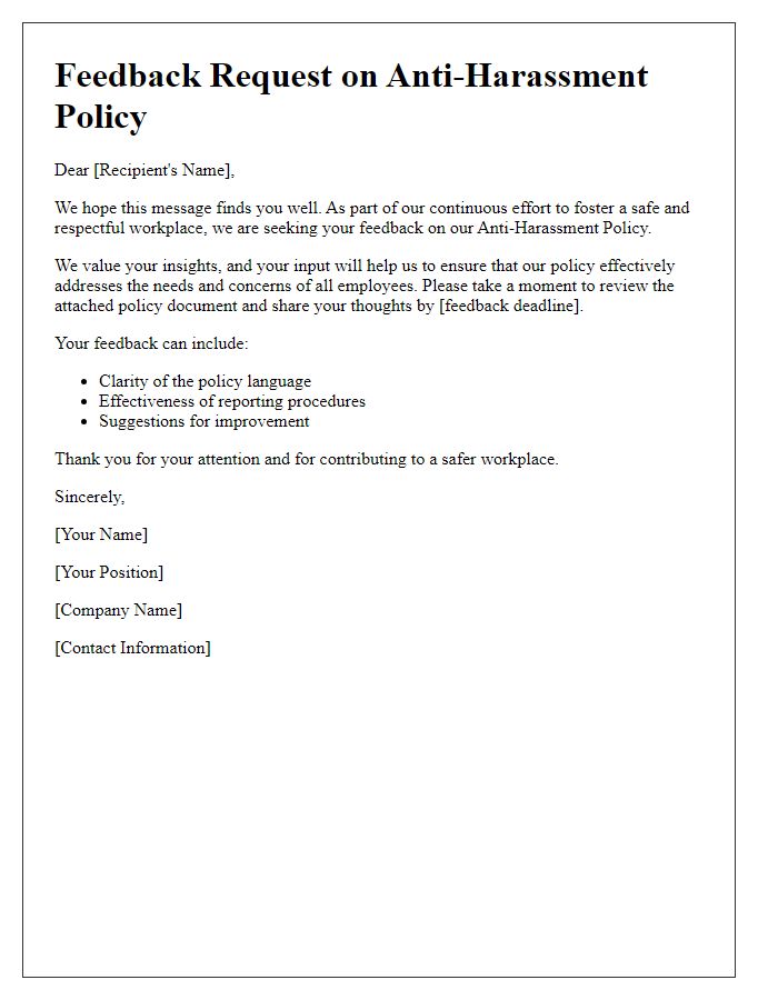 Letter template of anti-harassment policy feedback request