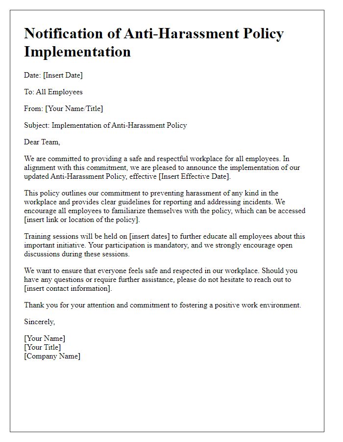 Letter template of anti-harassment policy implementation notification