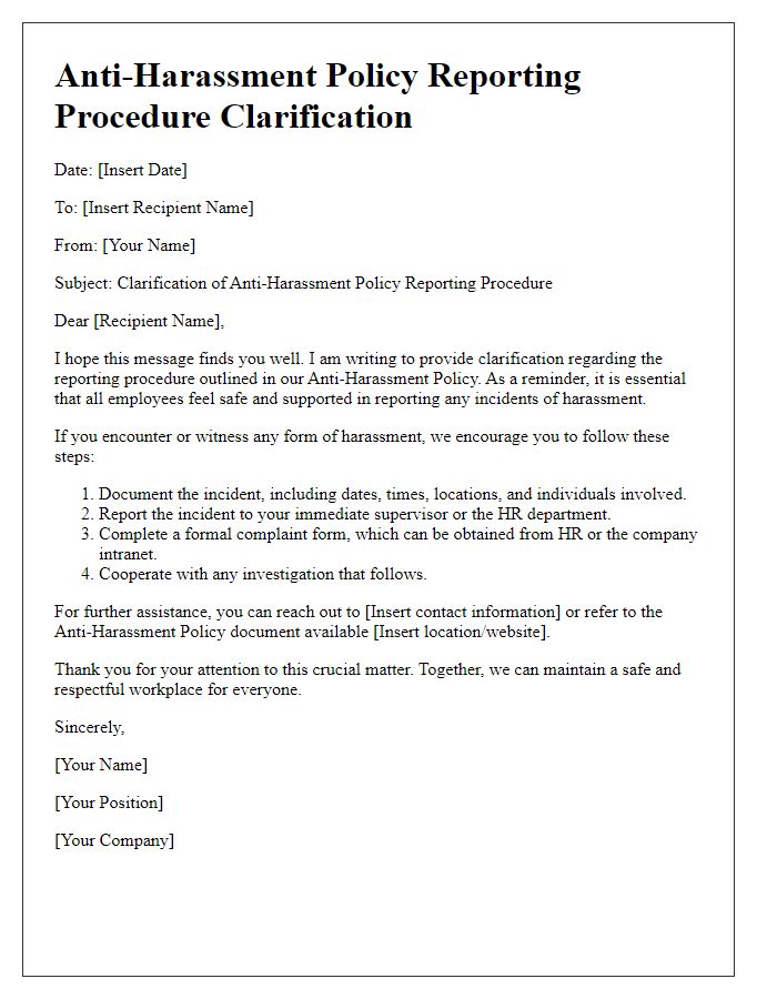 Letter template of anti-harassment policy reporting procedure clarification