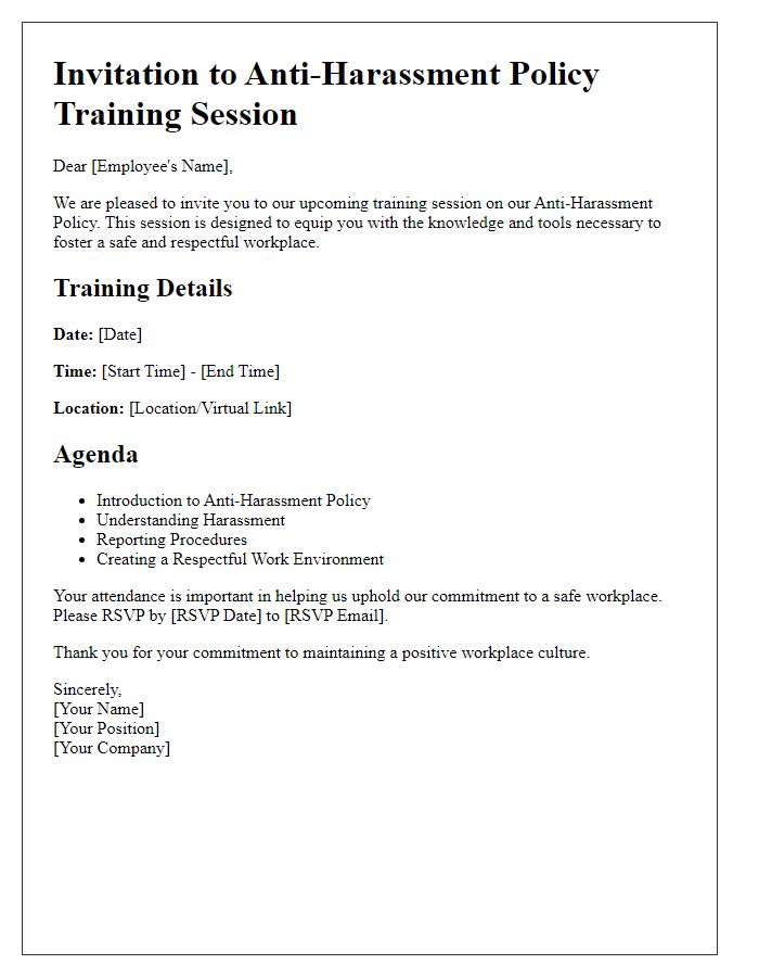 Letter template of anti-harassment policy training session invitation