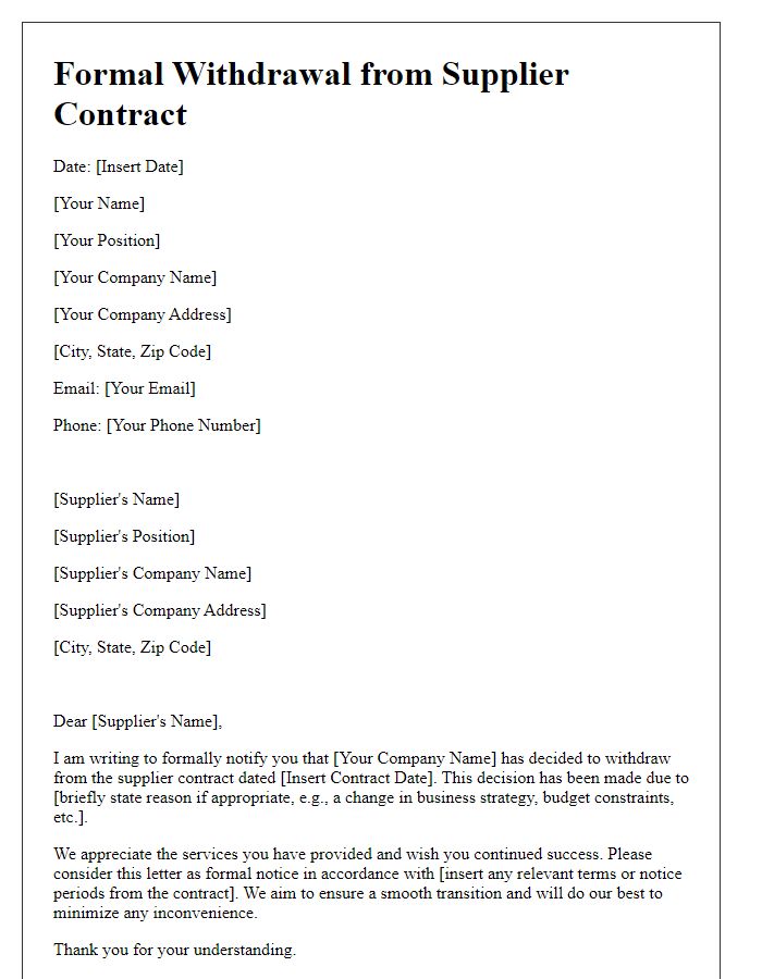 Letter template of Formal Withdrawal from Supplier Contract