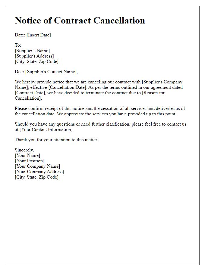 Letter template of Notice to Cancel Supplier Contract