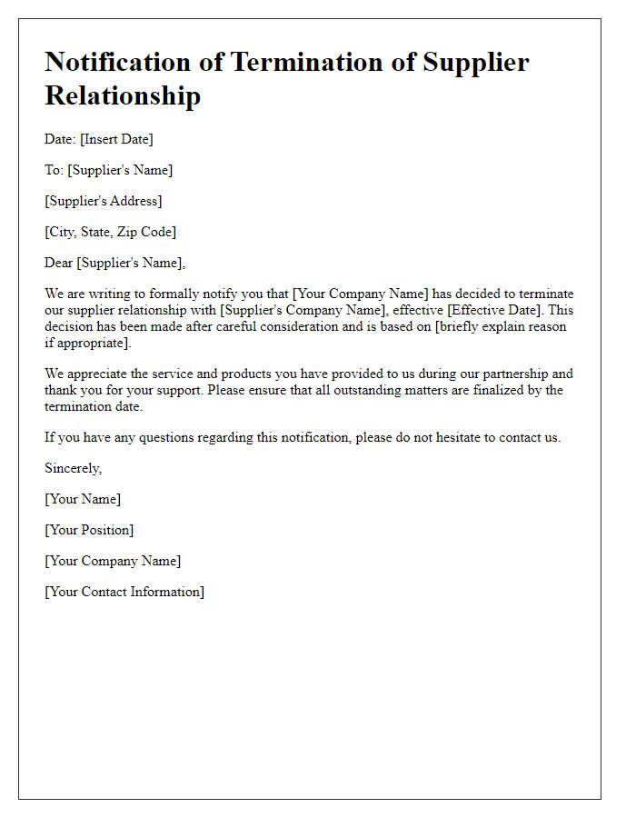 Letter template of Notification for Ending Supplier Relationship