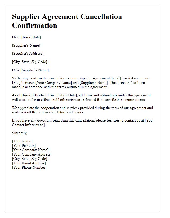 Letter template of Supplier Agreement Cancellation Confirmation