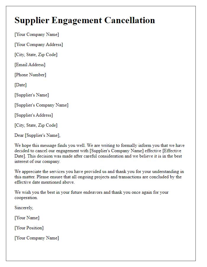Letter template of Supplier Engagement Cancellation