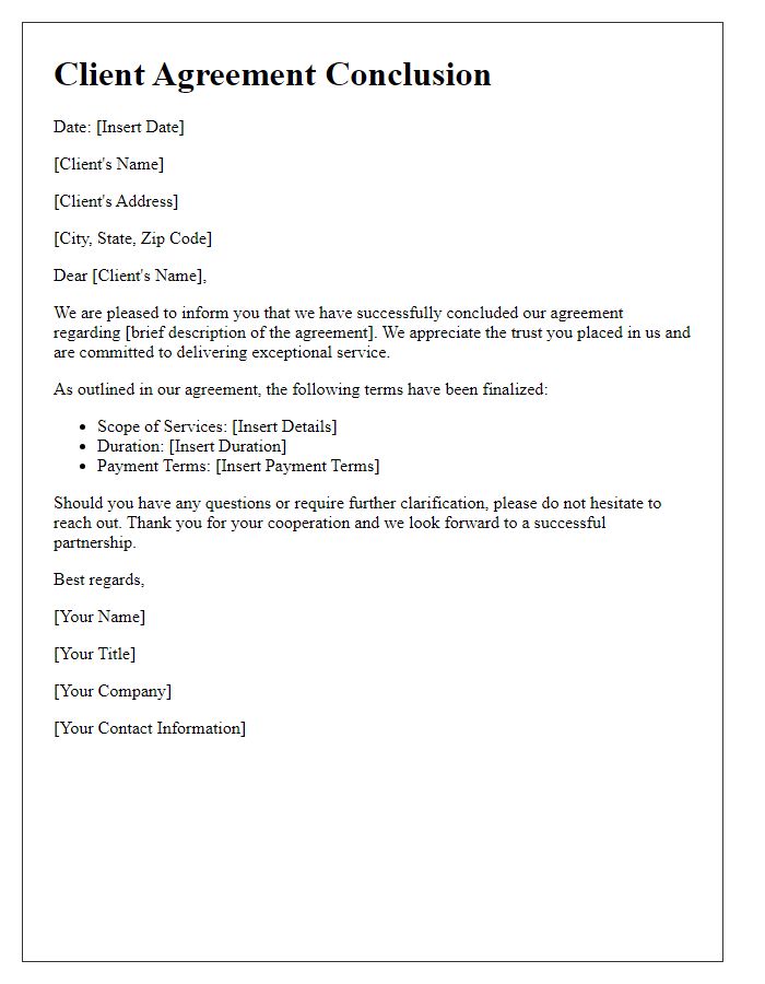 Letter template of Client Agreement Conclusion