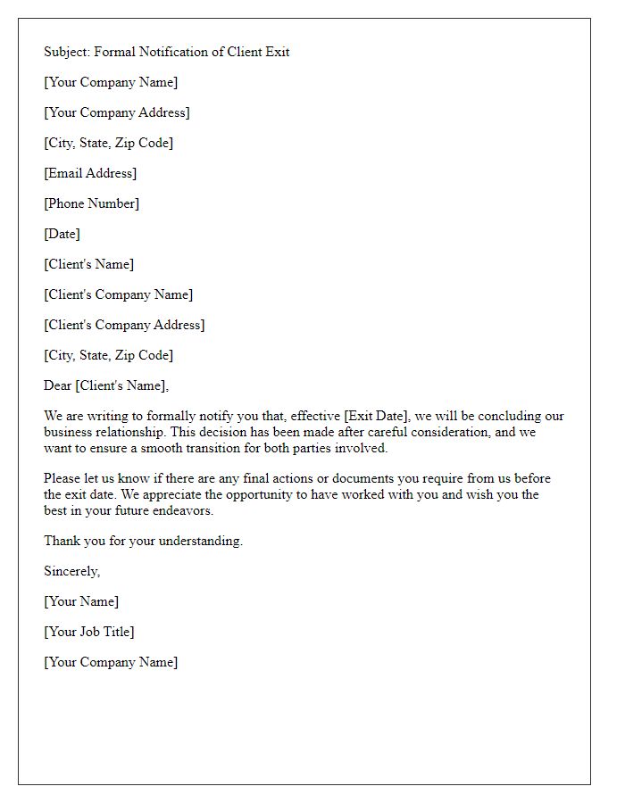 Letter template of Formal Client Exit Notification