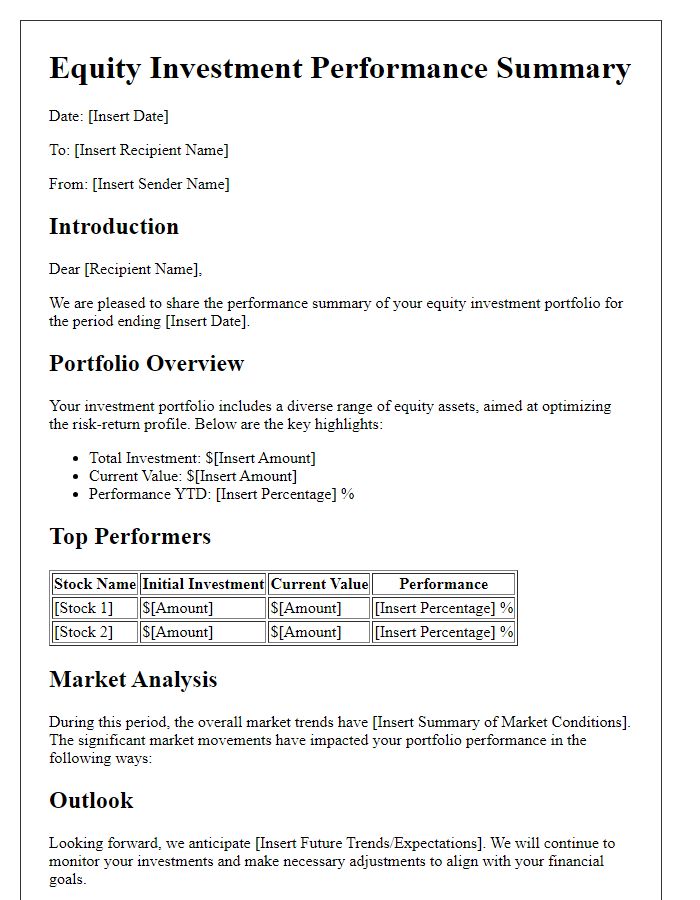 Letter template of equity investment performance summary