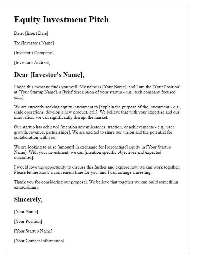 Letter template of equity investment pitch for startups