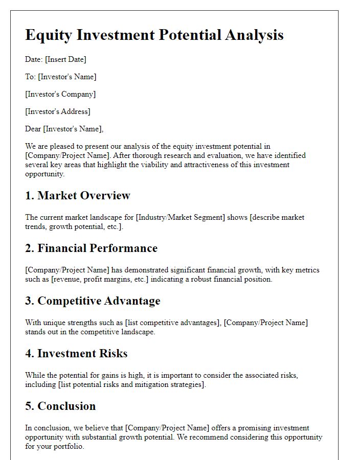 Letter template of equity investment potential analysis