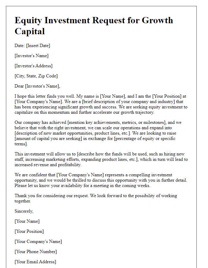 Letter template of equity investment request for growth capital